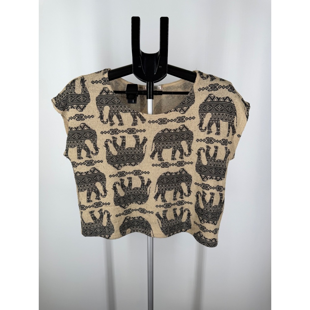 Timing Womens Elephant Print Knit Crop Top Tan Black Boho‎ Sleeveless S